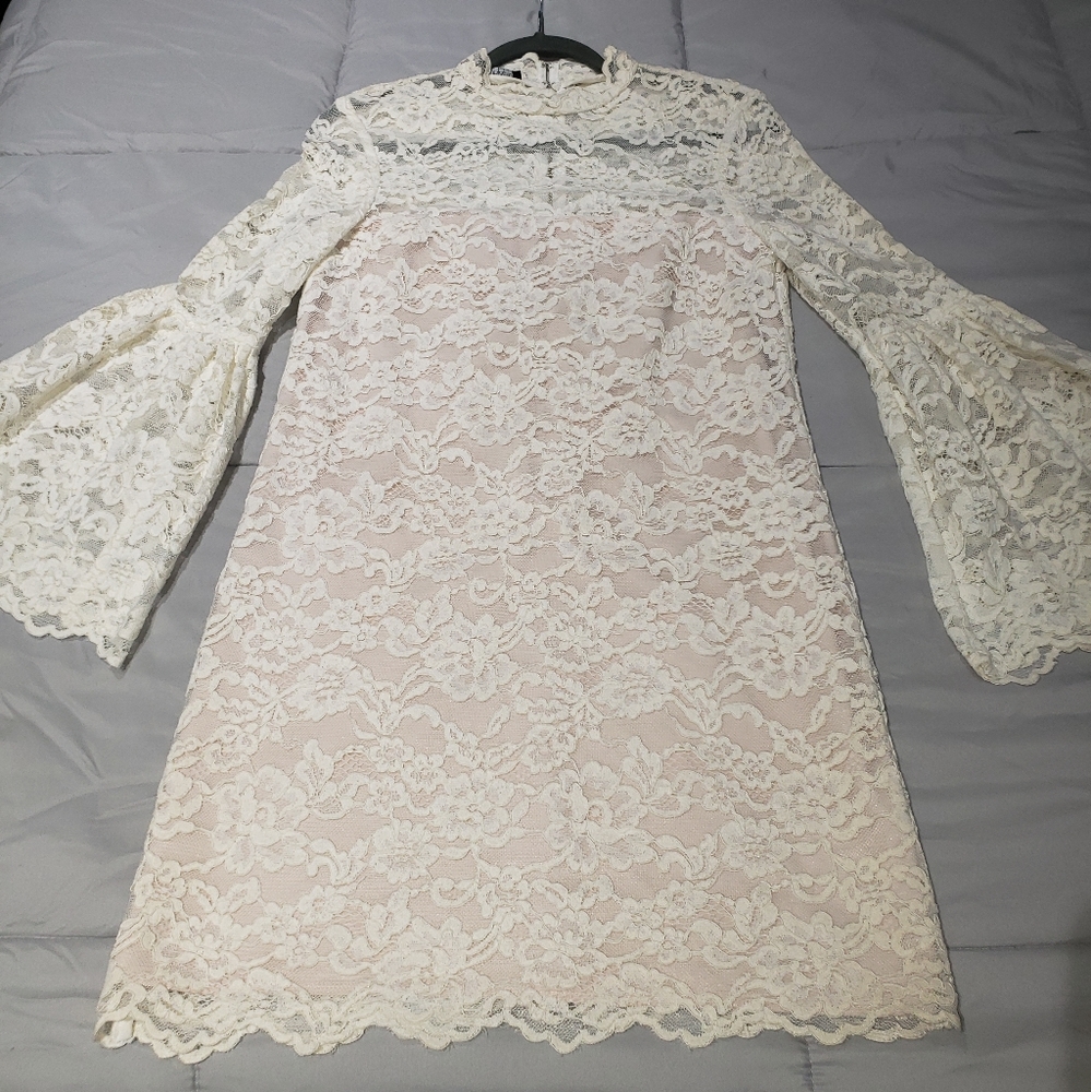 Julian Chang Lace Overlay Trumpet Sleeve Midi Dress Size Small